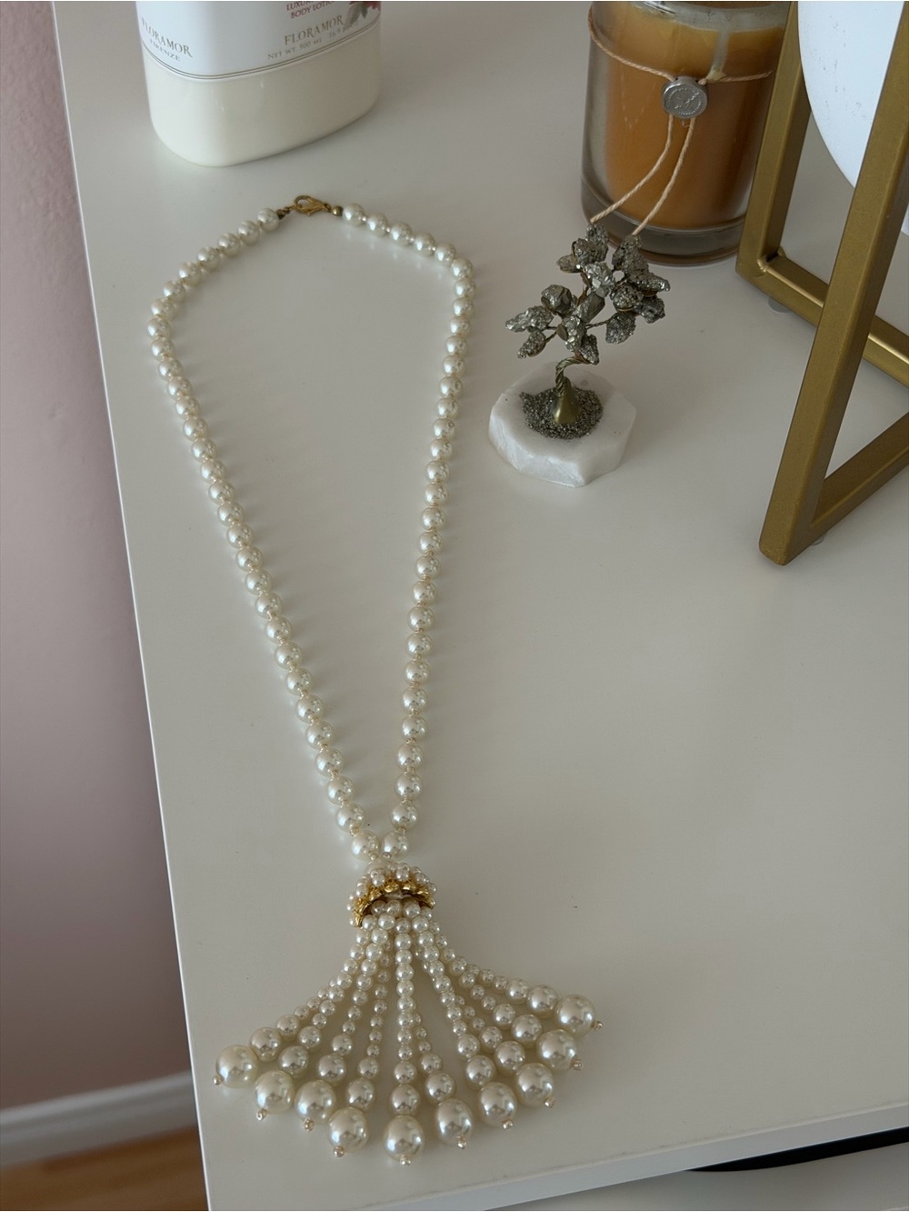 Vintage Gold-Tone & Graduated Faux Pearl Tassel Statement Necklace